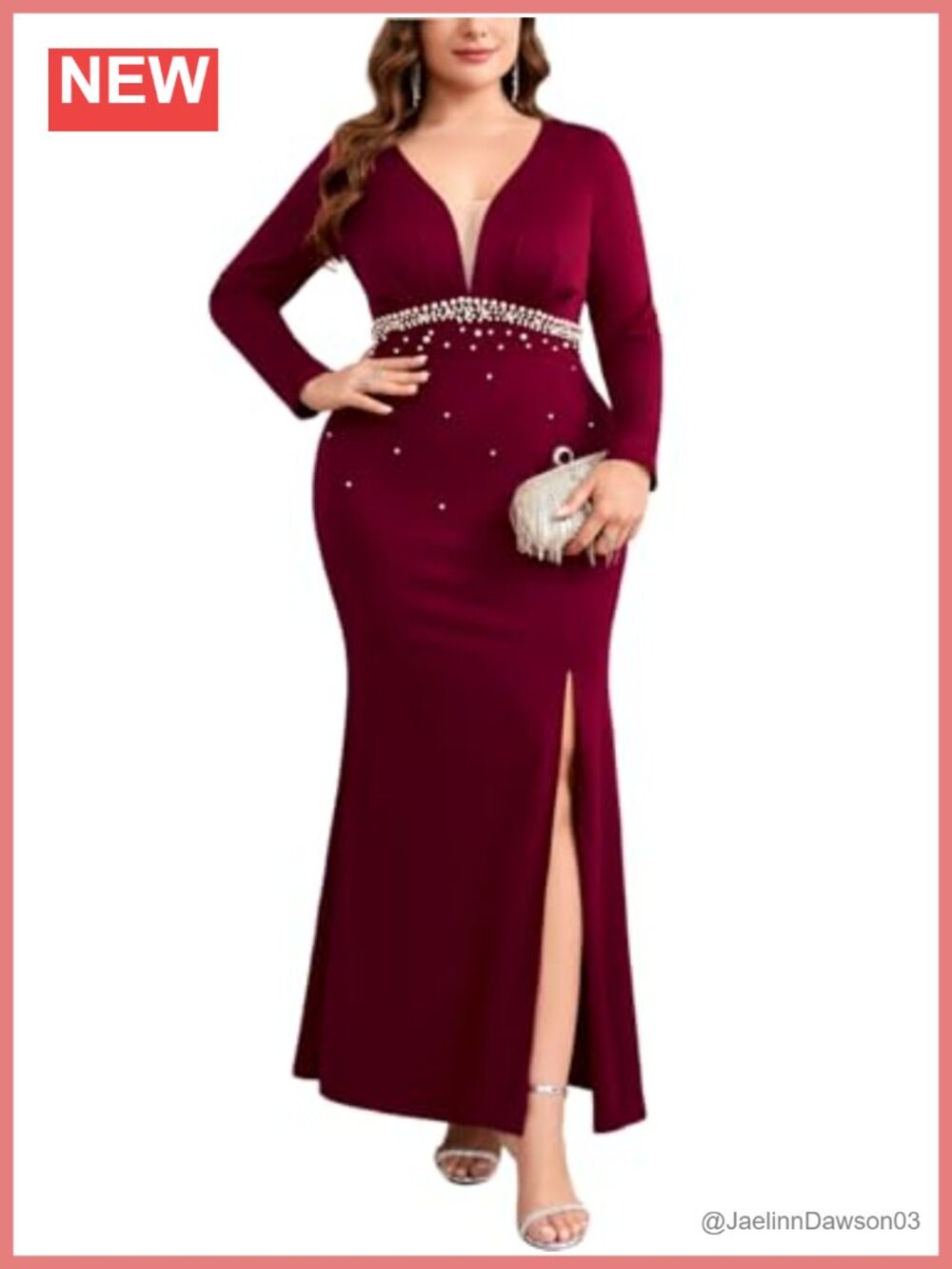 Plus Size Formal Maxi Dress Long Sleeve Mermaid Pearl Beaded Evening Gown